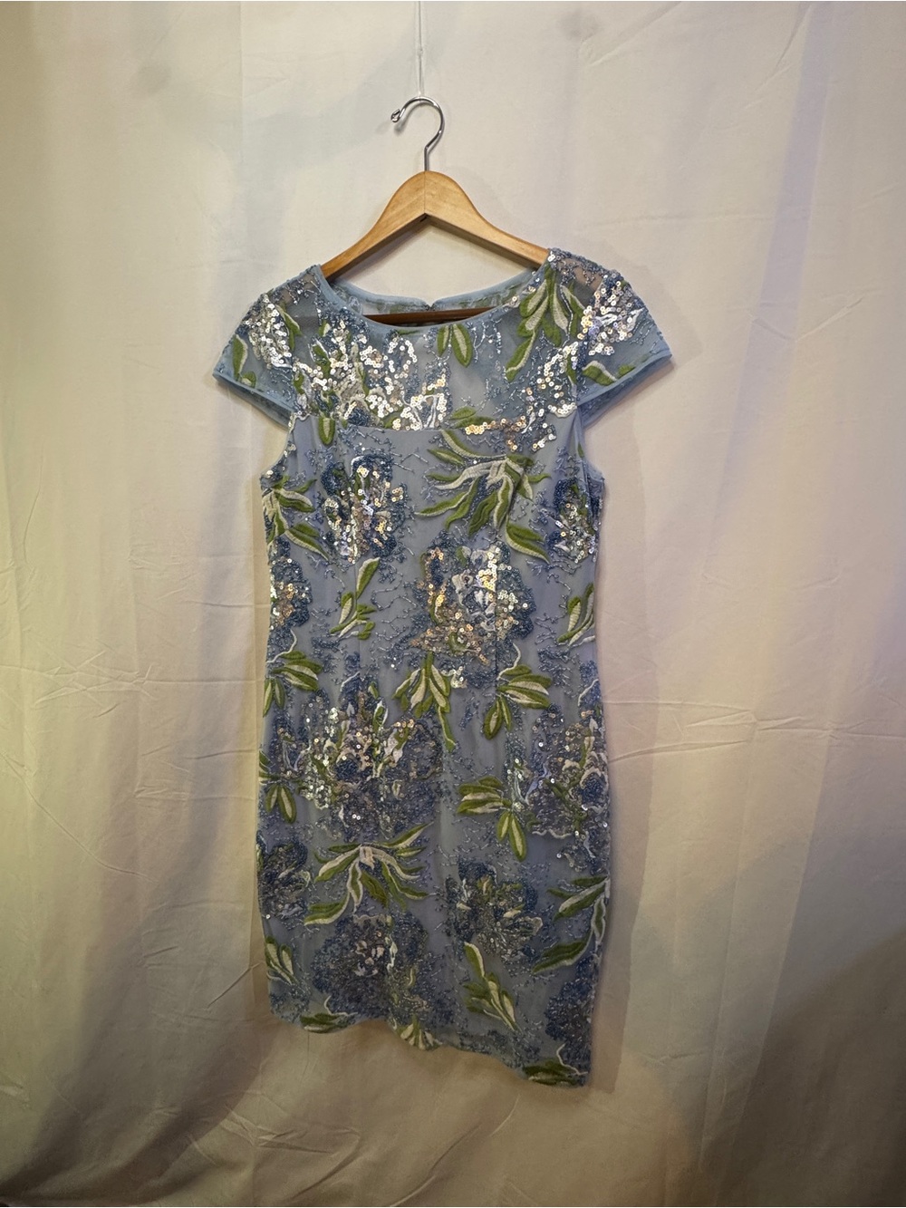 Adrianna Papell Light Blue Floral Sequin Sheath Dress
